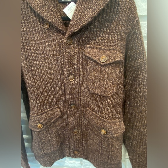 NWT Men’s Double RL - Suede Trim Marled Shawl Cardigan in Brown Tan Mark, Size M - Picture 8 of 12